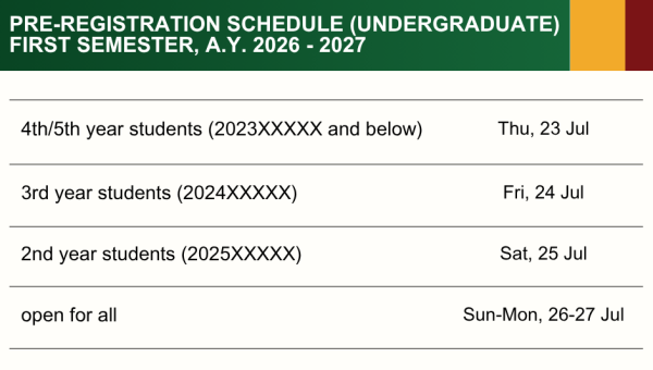 Pre-Registration  Schedule First Semester, A.Y. 2026 - 2027 (Undergraduate)